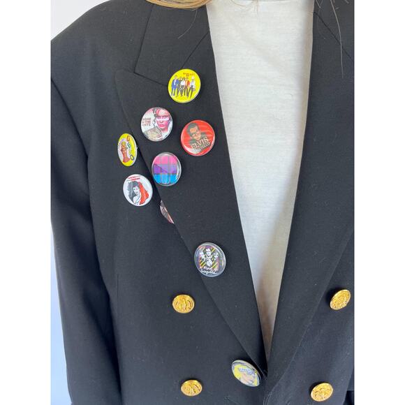 VTG 80s OS Crop Military Blazer Gold Buttons Trim, Streetwear 80s Rockstar Pins - Picture 3 of 6